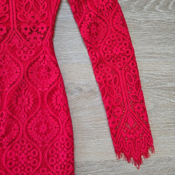 Lulus Red Lace Long Sleeve Bodycon Mini Dress Size Small Stunning Party Look - Picture 8 of 17